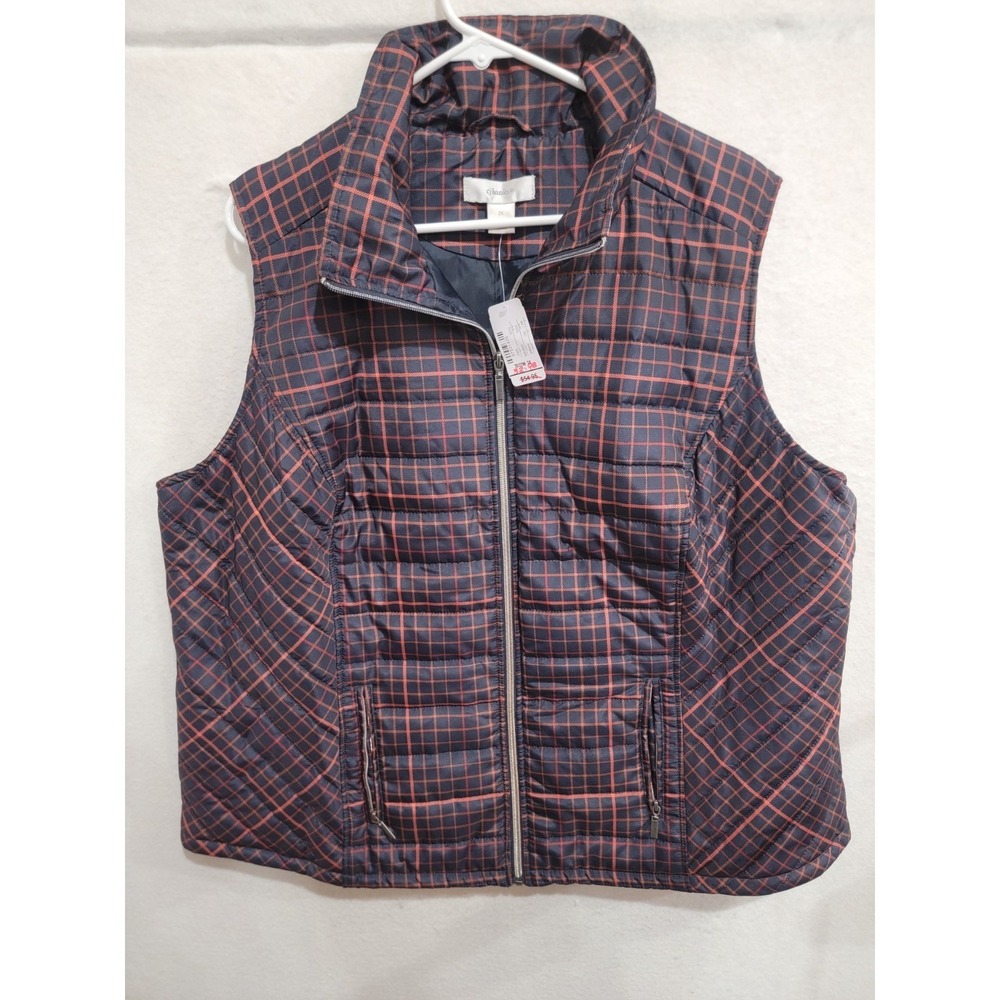 cj banks Quilted Puffer Vest Size 2X Navy Orange Plaid Zip Front‎ Sleeveless NWT